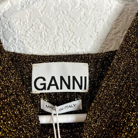 Ganni Metallic Rib Knit Tie Back Top Womens Size XL Gold Black NWT Retail $ 225 - Picture 15 of 16